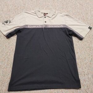 Harley‎ Davidson Polo Shirt Mens Medium Black Beige Motorcycle Rider Biker Logo